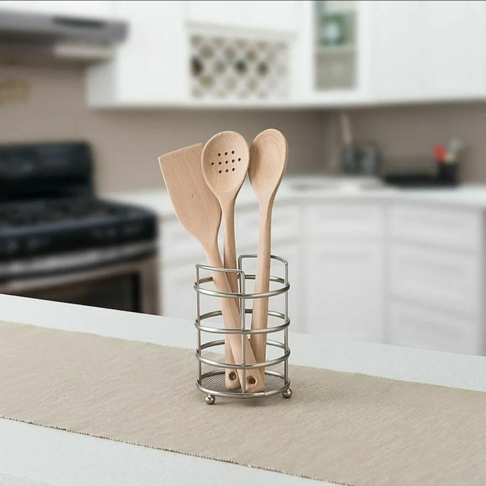 Modern Brushed Satin Nickel Kitchen Utensil Holder | Wire Mesh Crock Organizer